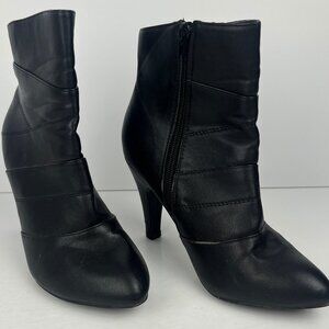 Transit Ankle Bootie Size 6 Black Faux Leather Cone High Heel 3.5in Zip Almond